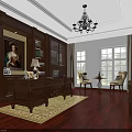 Classical Office Interior With Dark Wooden Desk Bookshelves Oil Painting Chandelier Windows And Rug