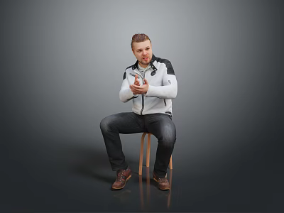 Man Sitting On Chair Clasping Hands In White Jacket Dark Pants And Brown Shoes Against Gray Background 3d model