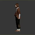 Red haired woman standing in brown coat blue top dark pants red shoes gray background