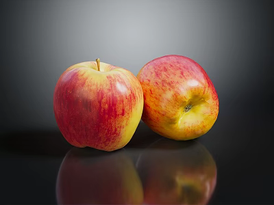 Fresh Ripe Red and Yellow Apples on Black Surface with Shiny Reflection 3d model