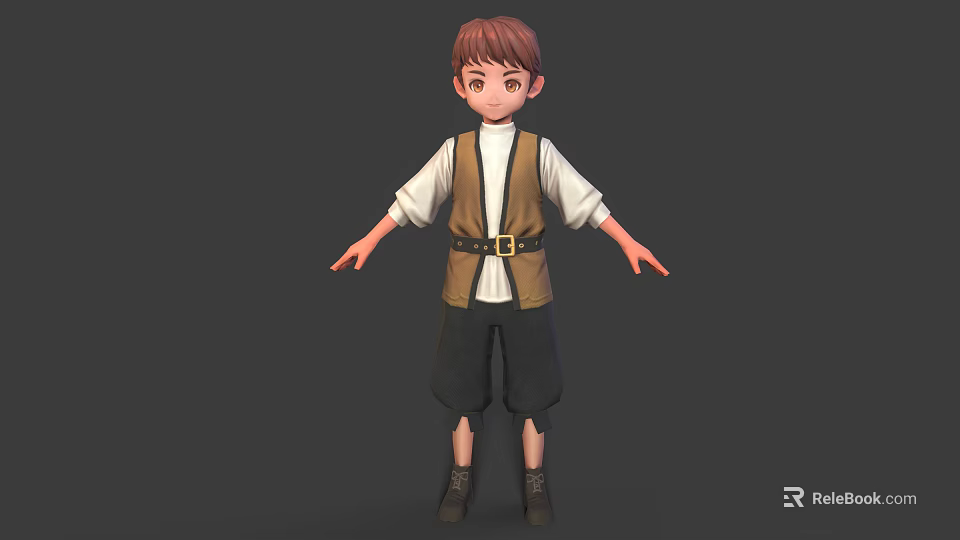 3D Boy Character Model Wearing White Shirt Brown Vest Black Shorts Open Hands Gray Background 3d model 
