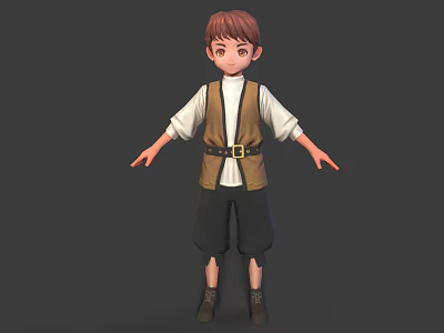 3D Boy Character Model Wearing White Shirt Brown Vest Black Shorts Open Hands Gray Background 3d model