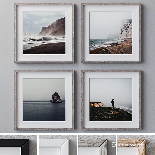 Framed Landscape Paintings Featuring Ocean Waves Cliffs Beach Rock Formation and Figure 3d model