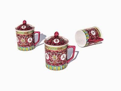 Traditional Red Ceramic Tea Set With Decorative Patterns And Lid Including Upside Down Cup 3d model
