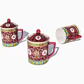 Traditional Red Ceramic Tea Set With Decorative Patterns And Lid Including Upside Down Cup