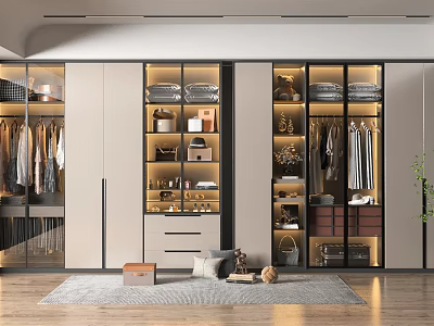 Modern Walk in Closet Design With Glass Door Cabinets Clothing Racks Wooden Floor And Rug 3d model