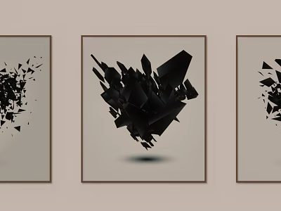 Three Framed Modern Abstract Paintings With Black Geometric Fragments On Wall 3d model