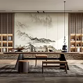 Traditional Tea Room Interior Design With Mountain Painting Wooden Shelves And Tea Sets