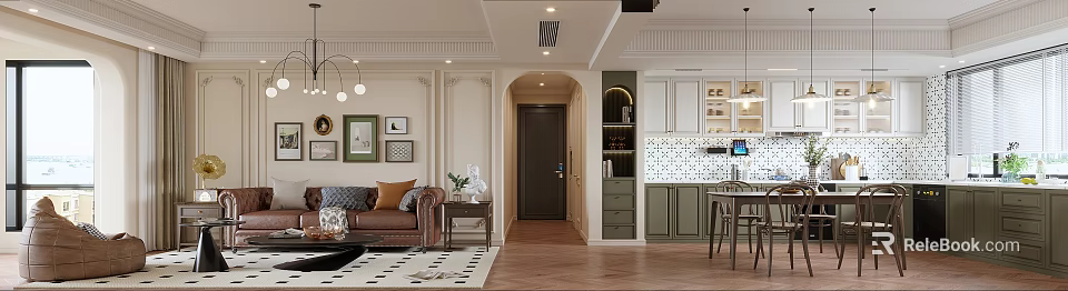 Elegant Classic Living Dining Room Interior With Brown Leather Sofa Green Cabinets Arched Doorway 3d model 