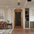 Elegant Classic Living Dining Room Interior With Brown Leather Sofa Green Cabinets Arched Doorway