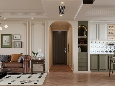 Elegant Classic Living Dining Room Interior With Brown Leather Sofa Green Cabinets Arched Doorway 3d model