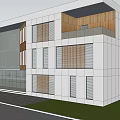 Modern Office Building With White Facade Large Glass Windows And Wooden Elements 3d model