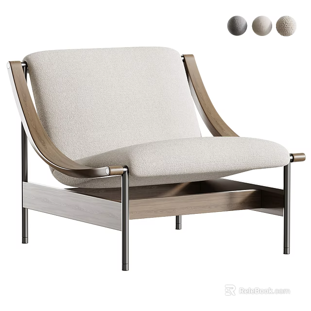 Stylish Beige Leisure Chair With Upholstered Fabric Wooden Armrests And Metal Legs 3d model 
