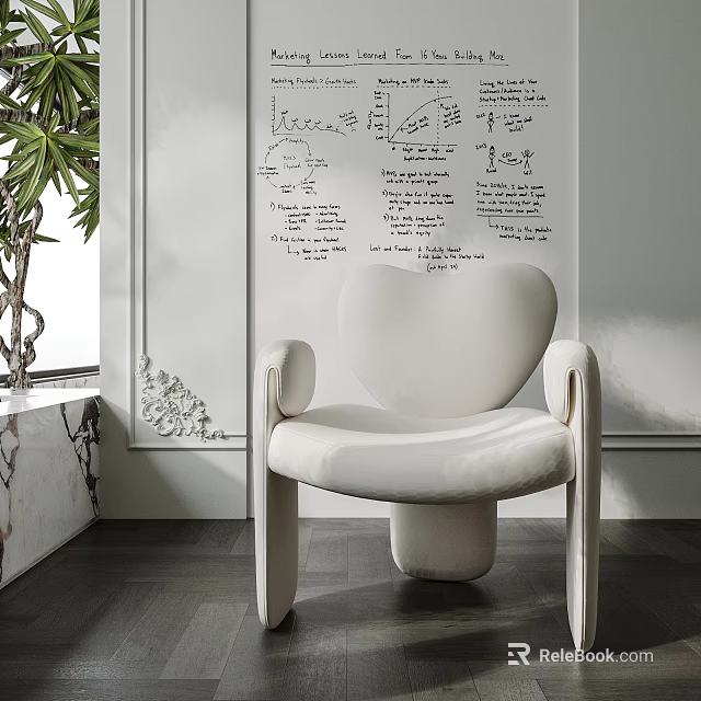 White Modern Accent Chair With Heart Shaped Backrest By Marble Windowsill And Green Plant 3d model 