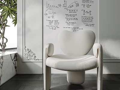 White Modern Accent Chair With Heart Shaped Backrest By Marble Windowsill And Green Plant 3d model