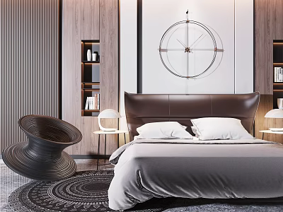 Modern Background Double Bed Featuring Leather Headboard Wooden Wall Circular Art Bedside Lamps And Rug 3d model