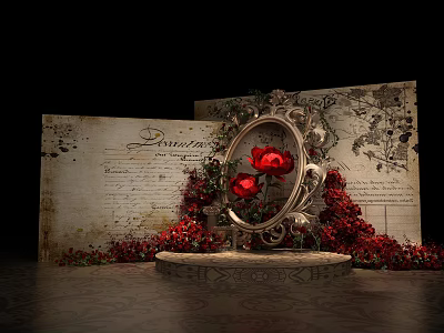 Vintage Photo Spot With Oval Ornate Frame Red Roses And Old Paper Background 3d model