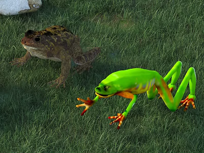 Green And Brown Reptiles Crawling On Lush Green Grass Surface 3d model