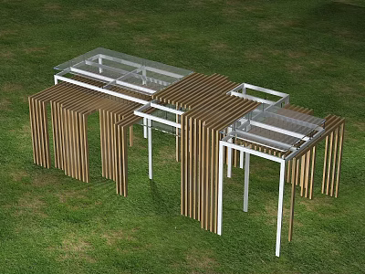 Modern Outdoor Pergola With Wooden Slats And Transparent Glass Roof On Grass Lawn 3d model