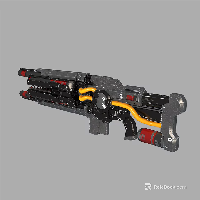 Sci Fi Heavy Weapon With Multiple Barrels Yellow Pipes Black Components And Futuristic Design 3d model 
