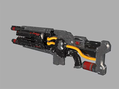 Sci Fi Heavy Weapon With Multiple Barrels Yellow Pipes Black Components And Futuristic Design 3d model