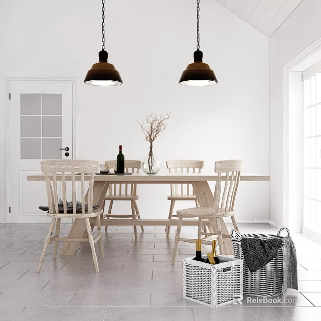 Minimalist Wooden Dining Table Set With Chairs Pendant Lights And Decorative Vase 3d model 