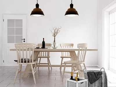 Minimalist Wooden Dining Table Set With Chairs Pendant Lights And Decorative Vase 3d model