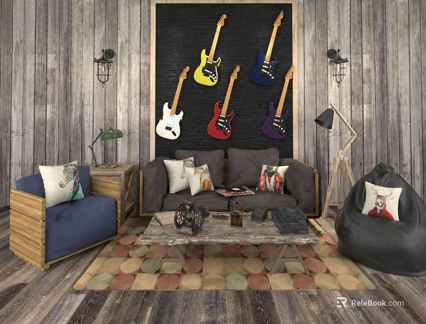 Sofa Coffee Table Combination With Wall Mounted Guitars Wooden Wall And Blue Armchair 3d model 