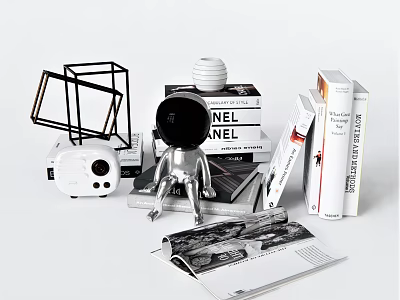 Decorative Ornament Set Featuring Geometric Frame White Cylindrical Ornament Chanel Book And Astronaut Figurine 3d model