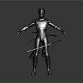 Metallic Robot Figure With Red And White Lightsabers Standing On Gray Background