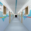 School Corridor Interior With Blue Walls Colorful Decorations Display Frames And Text 3d model