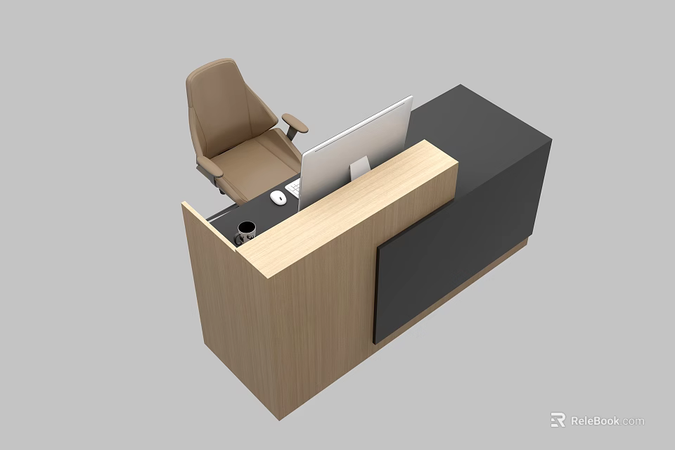 Brown Chair and Wooden Desk Set with Computer Monitor Keyboard and Mouse 3d model 
