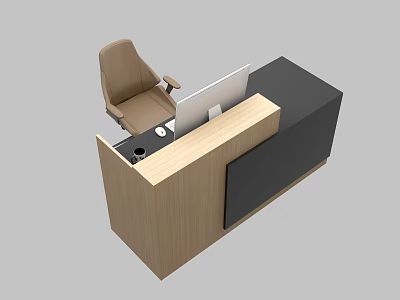 Brown Chair and Wooden Desk Set with Computer Monitor Keyboard and Mouse 3d model