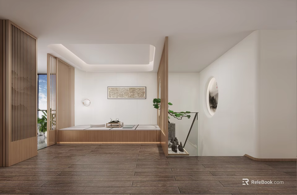 Serene Tatami Bedroom Interior With Wooden Platform Decorative Painting And Green Plant 3d model 
