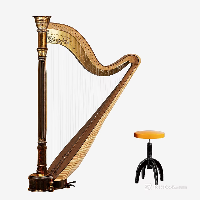 Handcrafted Wooden Harp And Vibrant Artist Painting Supplies With Brushes Paints And Easels 3d model 