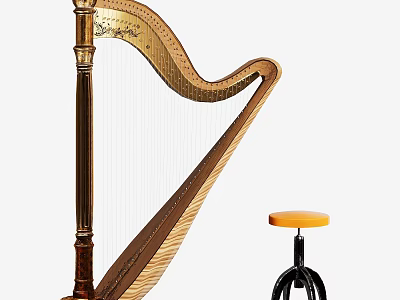 Handcrafted Wooden Harp And Vibrant Artist Painting Supplies With Brushes Paints And Easels 3d model