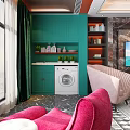 Modern Living Room Interior With Green Sofa Red Ottoman Chandelier Large Windows And Piano