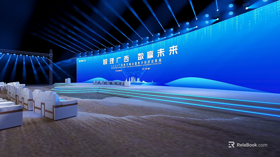 Smart Digital Future Event Stage With Large Blue Backdrop Screen And Lighting Seats 3d model 