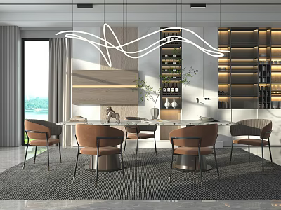 Modern Luxury Dining Table Set With Leather Chairs And Pendant Lighting In Open Dining Area 3d model