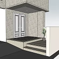 Black Double Door Entrance With Checkered Floor Speckled Wall And Green Plant