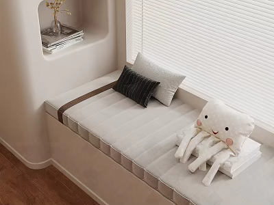 Cozy Home Balcony With Cushioned Bench Pillows And Stuffed Sheep Toy 3d model