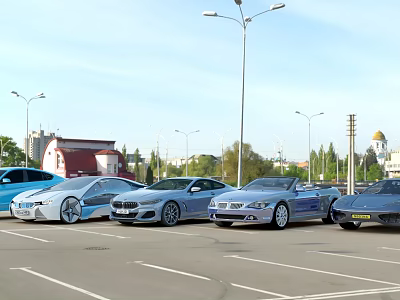 Luxury Sports Cars Parked In Urban Parking Lot With Street Lamps And Church Dome 3d model