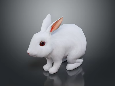 White Rabbit With Red Eyes And Pink Inner Ears Sitting On Dark Reflective Surface 3d model