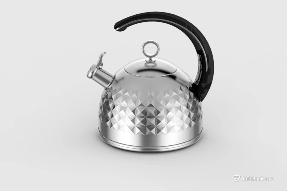 Stainless Steel Silver Kettle With Black Handle And Diamond Pattern Surface Round Lid And Spout 3d model 