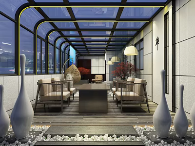 Luxury Villa Balcony with Curved Glass Roof Comfortable Sofas Coffee Table White Vases And Pebbles 3d model