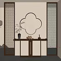 Chinese Modern Entryway With Lattice Screen Round Mirror And Console Table Decor 3d model