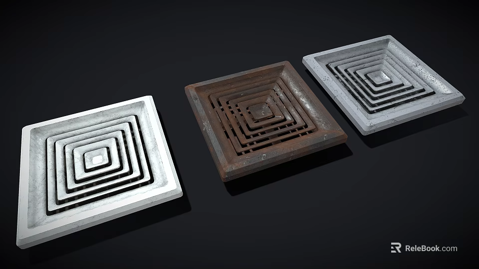 Industrial Equipment Square Metal Ventilation Grilles with Nested Patterns in White Brown Light Gray 3d model 