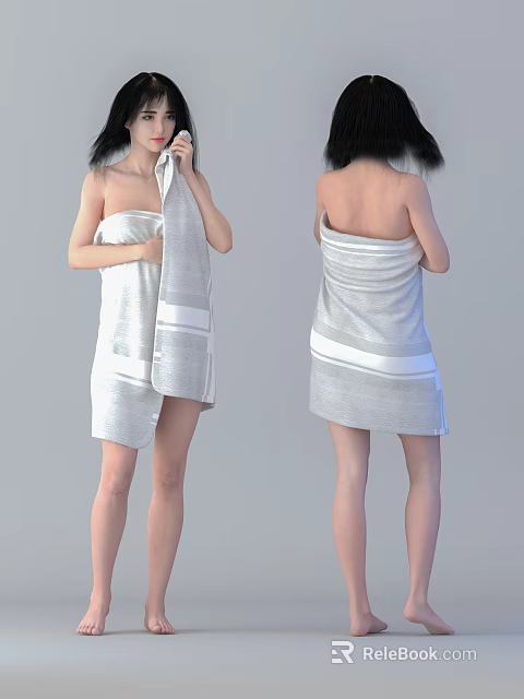 Woman Wrapped in Light Gray Towel Front and Back Views 3d model 