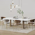 Elegant Modern Dining Table And Chairs Set With Marble Top Gold Legs And Green Plant