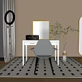 Elegant White Dressing Table With Black Handbag Ring Light Chair Potted Plant And Floor Mirror